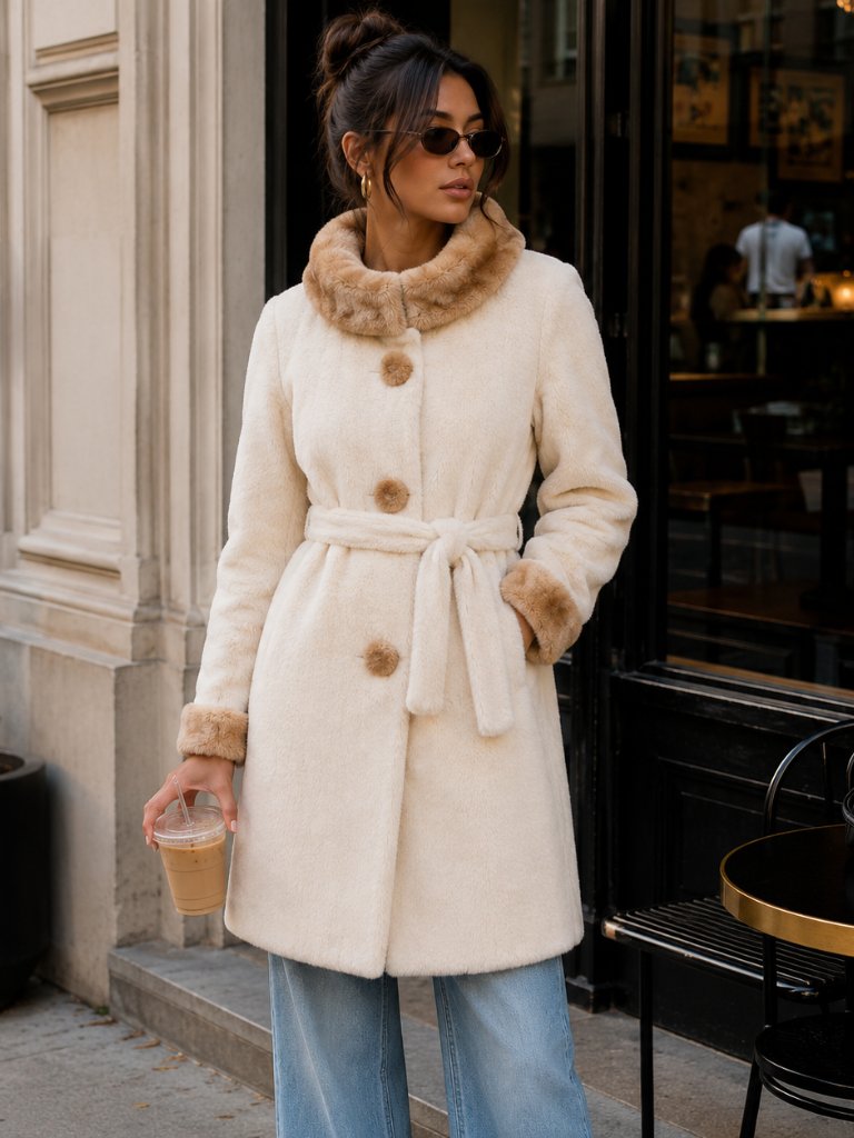 Vintage 1960s Faux Fur Coat Cream Tan Belted Hidden Pass-Through Design Size L